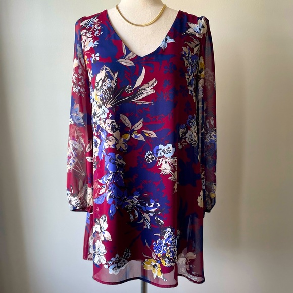 Peppermint Dresses & Skirts - Peppermint | Long-Sleeve Boho Mini Dress | Maroon & Navy Floral | Small